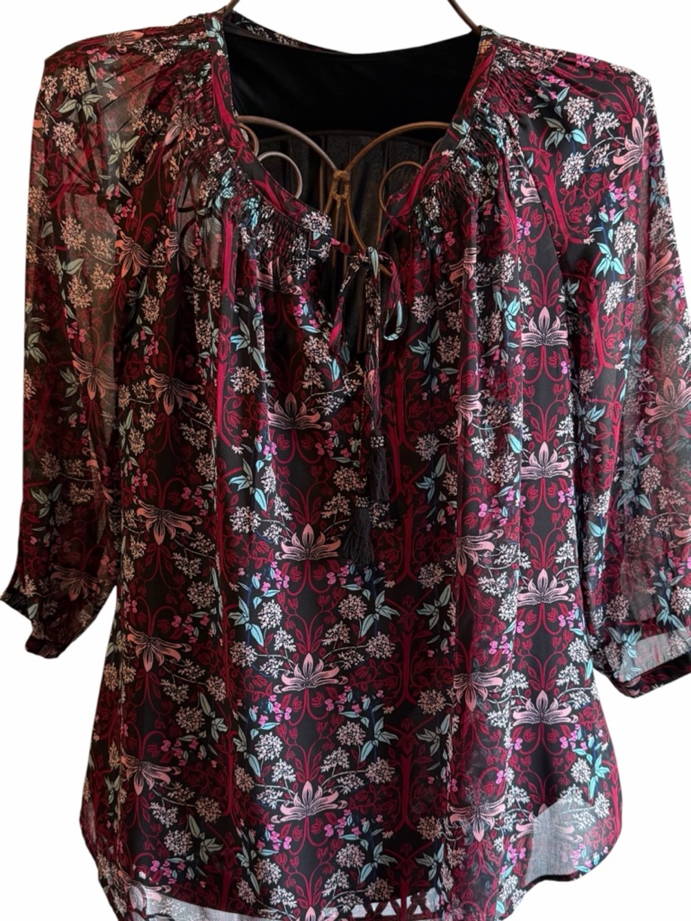Womens Burgundy Floral Tie-Neck Blouse with Black Tank Underneath- Size 1X